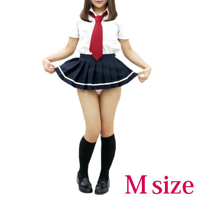 超ミニ無地プリーツスカート単品 紺×白ライン M(コスチューム)