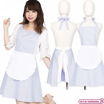 フリルストライプエプロン ブルー(コスチューム)