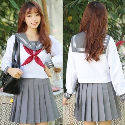 <malymoon>赤リボン長袖セーラー服(グレー)(コスチューム)